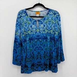 Ruby Rd Petite Medium Blue Green Paisley Print Keyhole Neck Long Sleeve‎ Blouse
